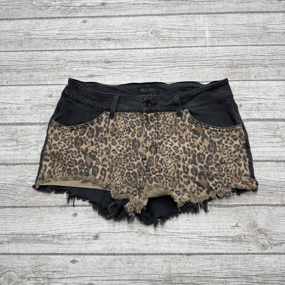 Guess Scarlet Skort Women's 30 Black Leopard Print High Rise Cut Off Distressed